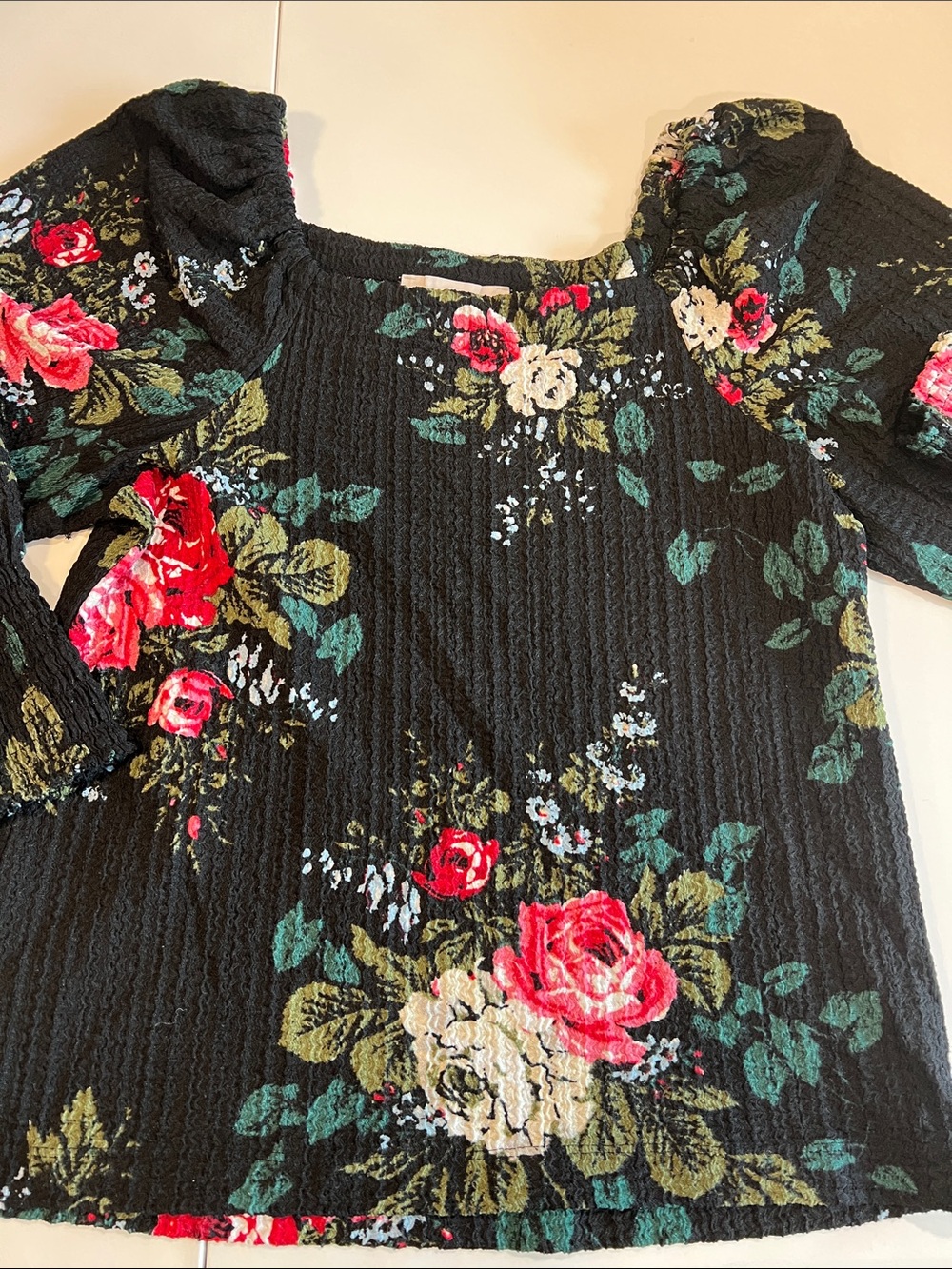 LOFT - M, Black Floral Smocked Blouse, Red/Cream floral off the shoulder top